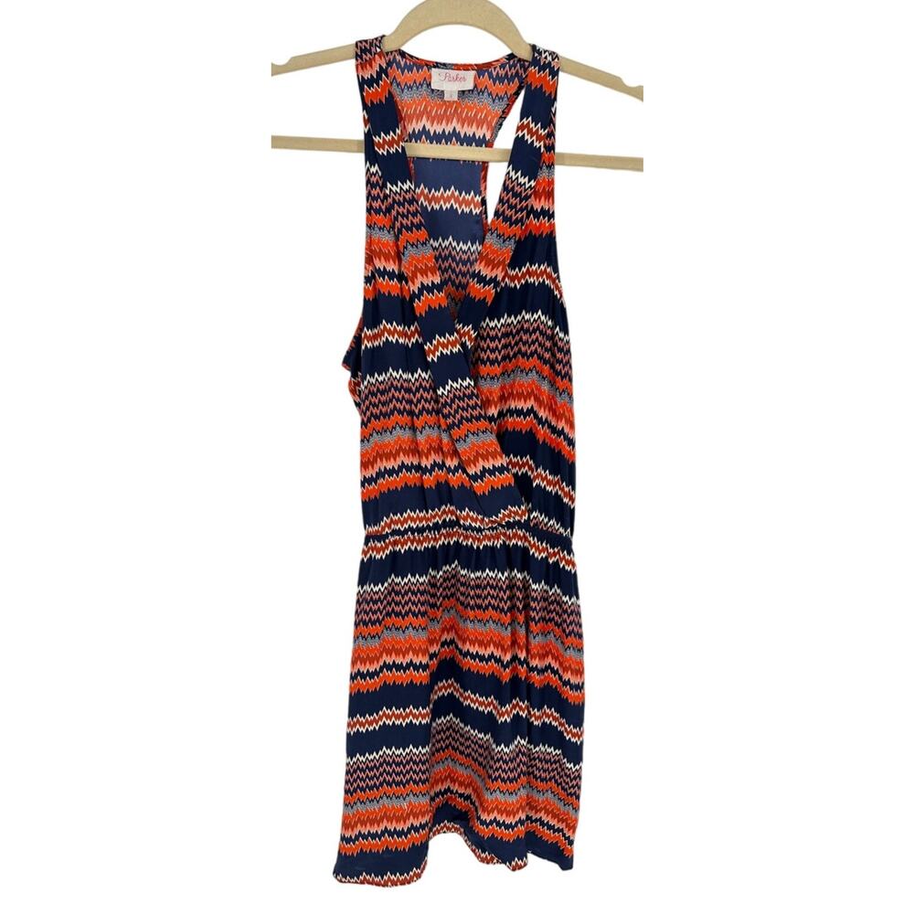 Parker Silk Dress Sleeveless Blue Orange Geometric Chevron V-Neck Knee Length S